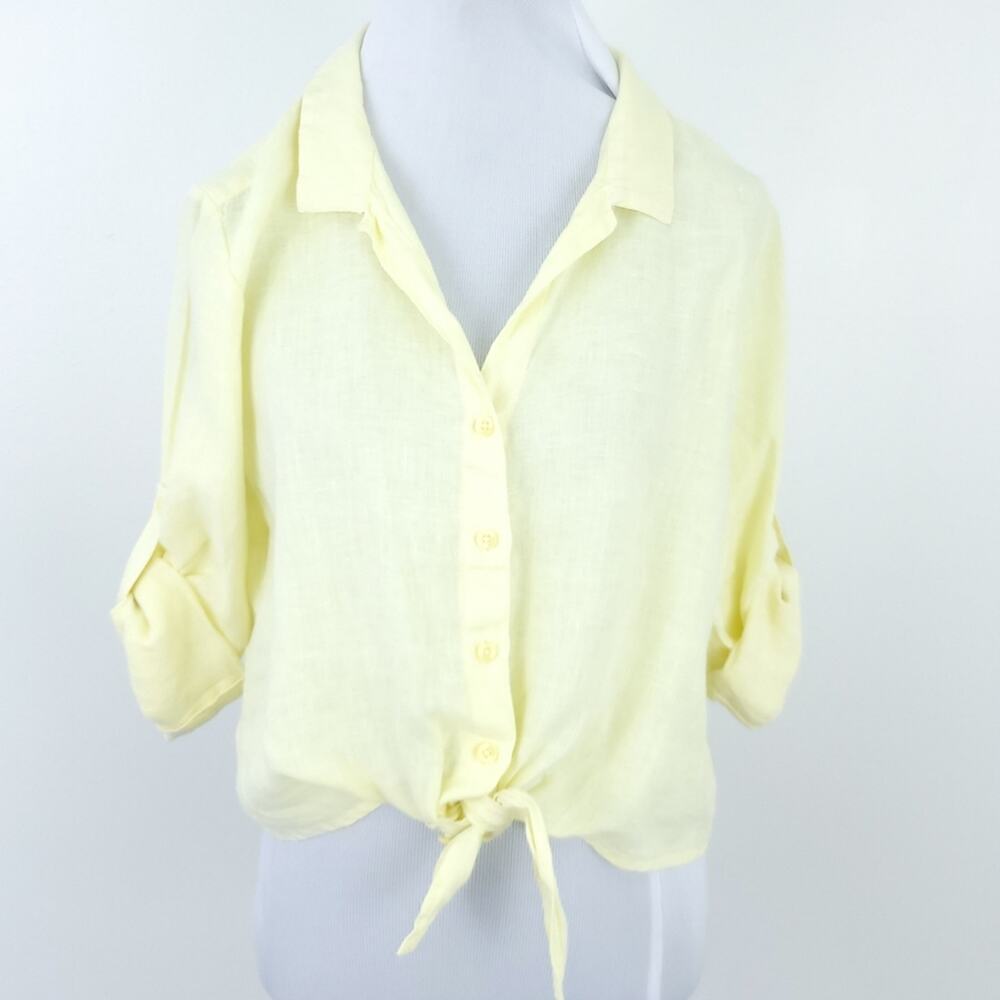 Cloth & Stone 100% Linen Shirt Medium Yellow, Tie, Button Up Roll Tab Sleeve